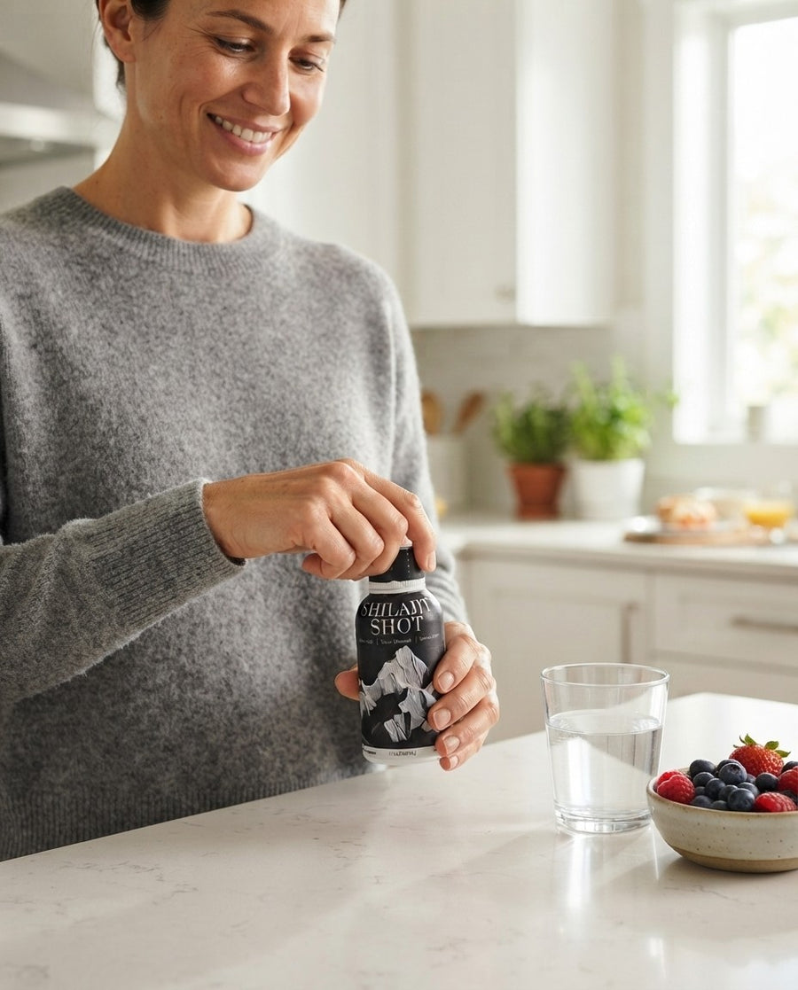 Woman opening a Holy Shilajit Shilajit Shot in her kitchen in the morning