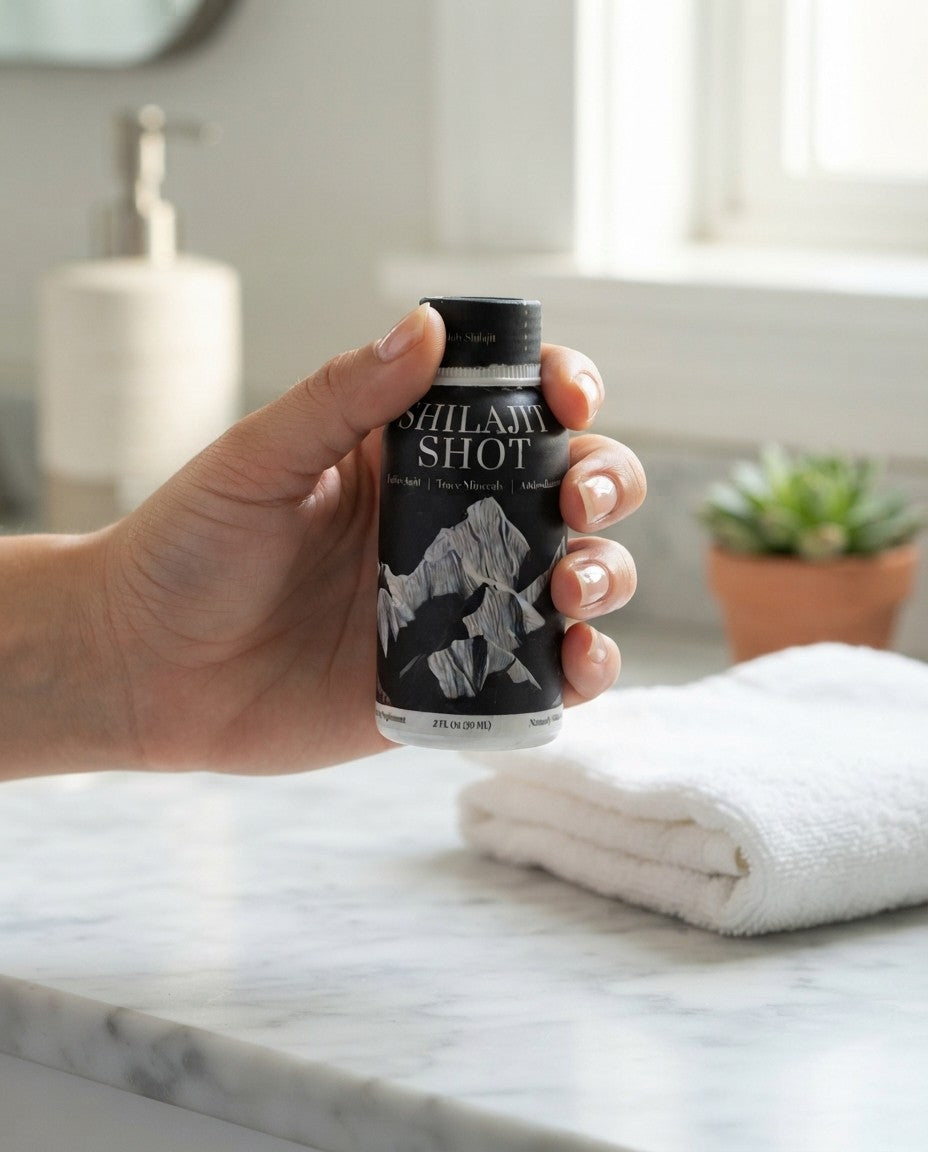 Hand holding a Holy Shilajit Shilajit Shot over a marble bathroom counter